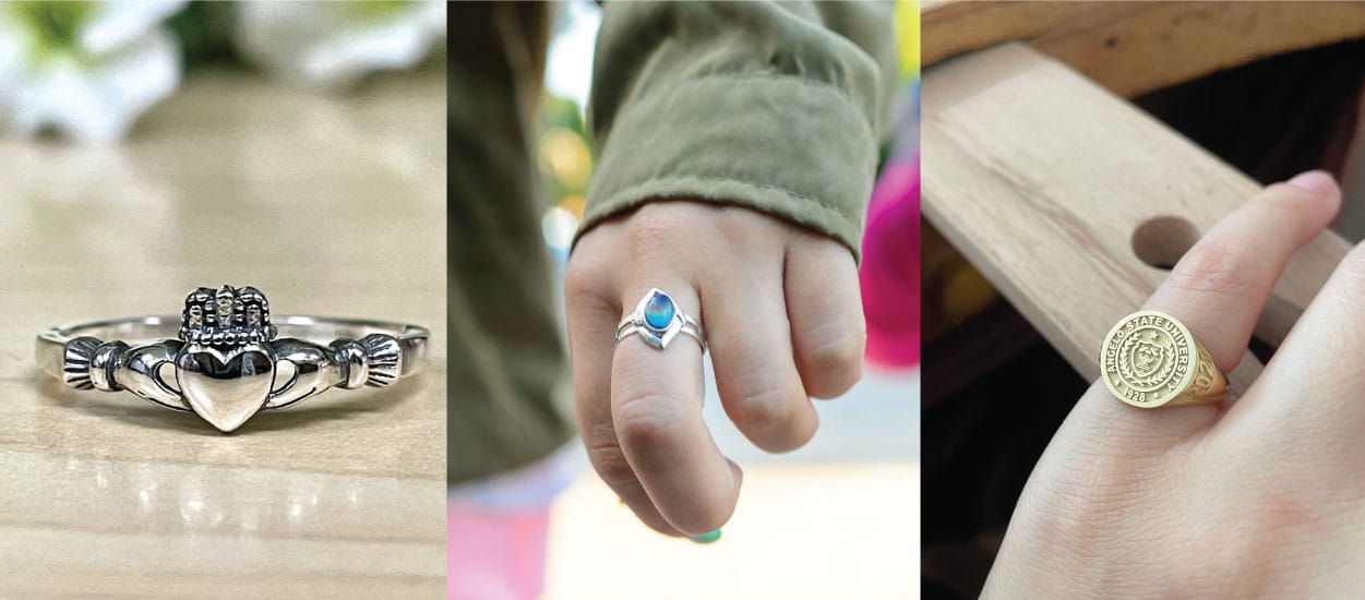 Claddagh Ring, Mood Ring, and School Ring side by side