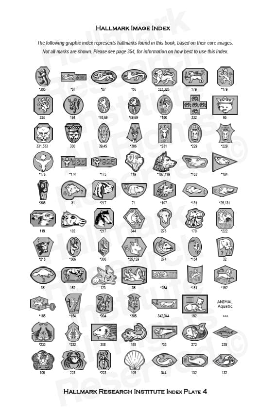 A chart of hallmarks, with pictures of each hallmark and its corresponding metal type.