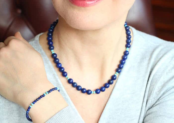 a necklace with lapis lazuli and turquoise beads.