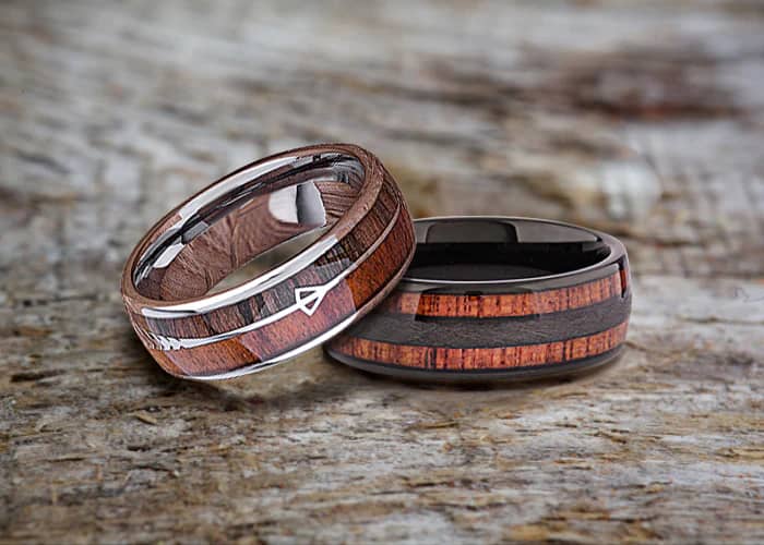wooden wedding bands with a unique woodgrain pattern.