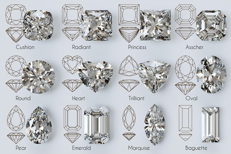 different diamond cuts and settings
