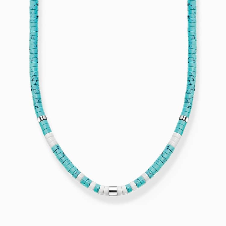necklace made of silver with turquoise stones.
