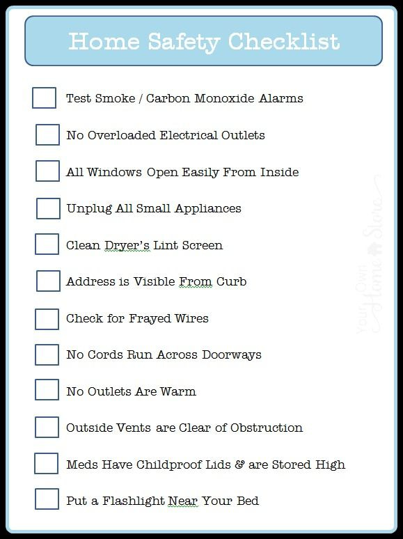 A checklist of safety measures for different areas of the home.
