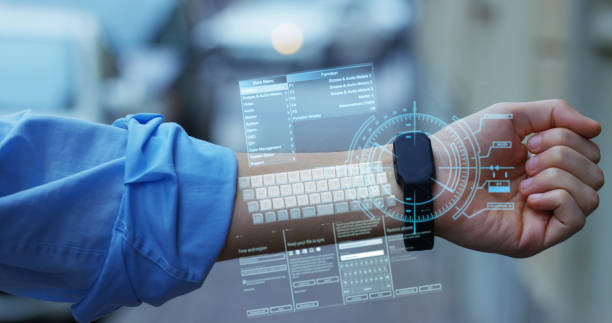 A futuristic image showcasing wearable technology devices being used by elderly individuals for safety and health monitoring.