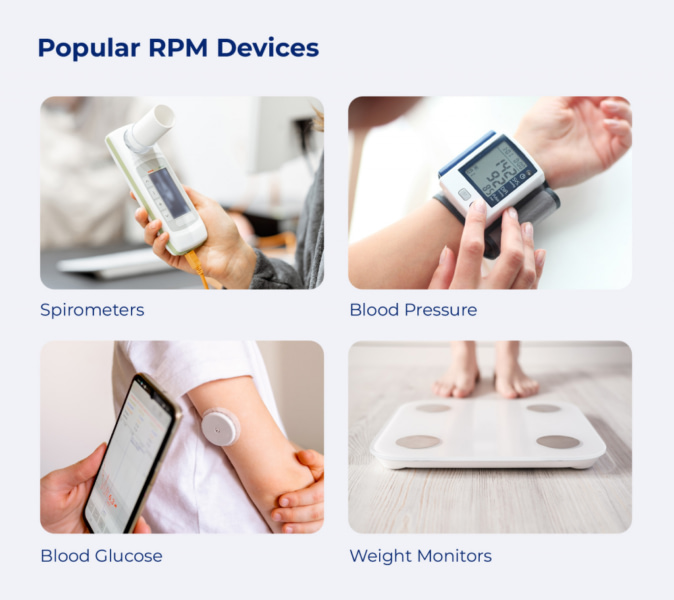 An array of health monitoring devices, including a blood pressure monitor, a heart rate monitor, and a glucose meter.