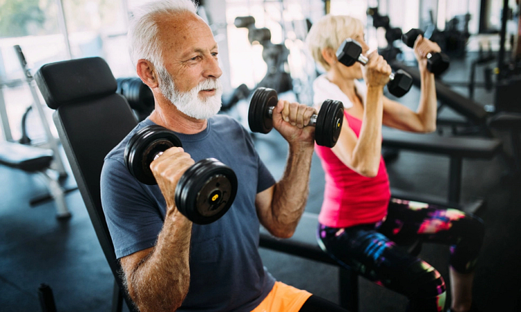 older adult exercising with appropriate gear