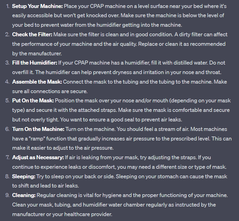 A step-by-step guide on how to properly use a CPAP machine.