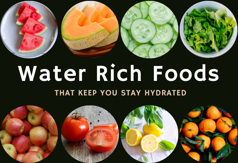 different water-rich foods that can aid in hydration.