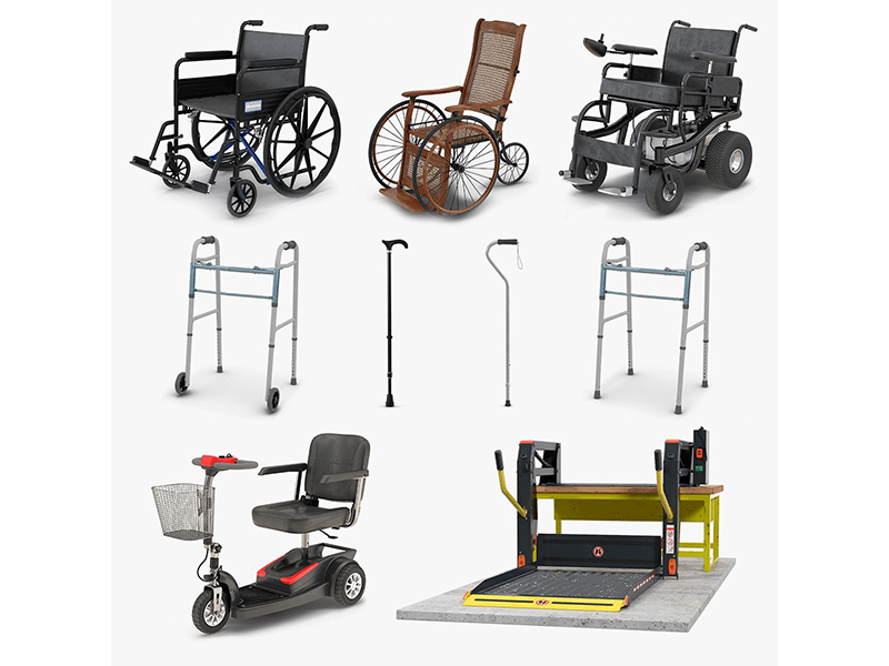 A variety of mobility aids including walkers, canes, and wheelchairs, indicating the range of options available.